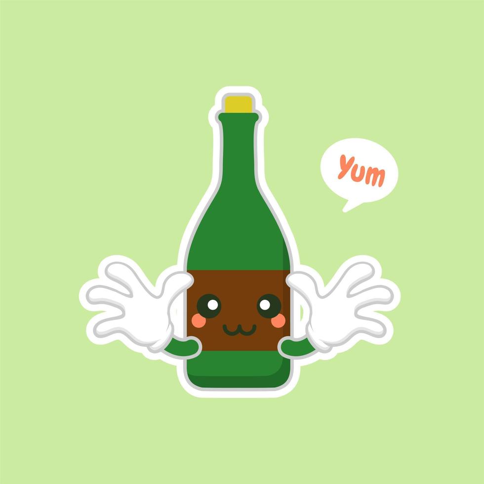 Botellas de vino lindas y kawaii sobre fondo verde, diseño colorido. ilustración vectorial de diseño plano. champán kawaii de dibujos animados con sonrisa y ojos sonrientes. linda botella de champán vector