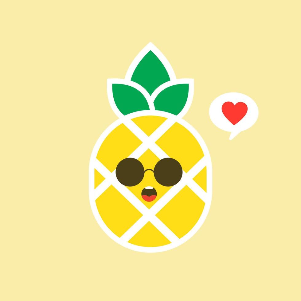 fruta de piña feliz con cara kawaii linda, personaje vegetariano divertido con frase, ilustración de estilo plano para afiche infantil y diseño de camiseta de verano, aislado en fondo de color vector