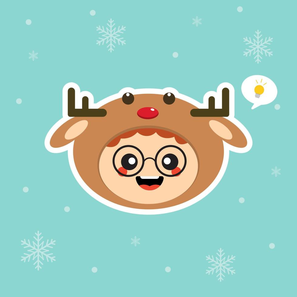 Kawaii and funny little boy dressed as deer. Cute kid in carnival costume. Merry Christmas and Happy New Year. Winter holiday. Flat vector design for greeting card, mascot, web