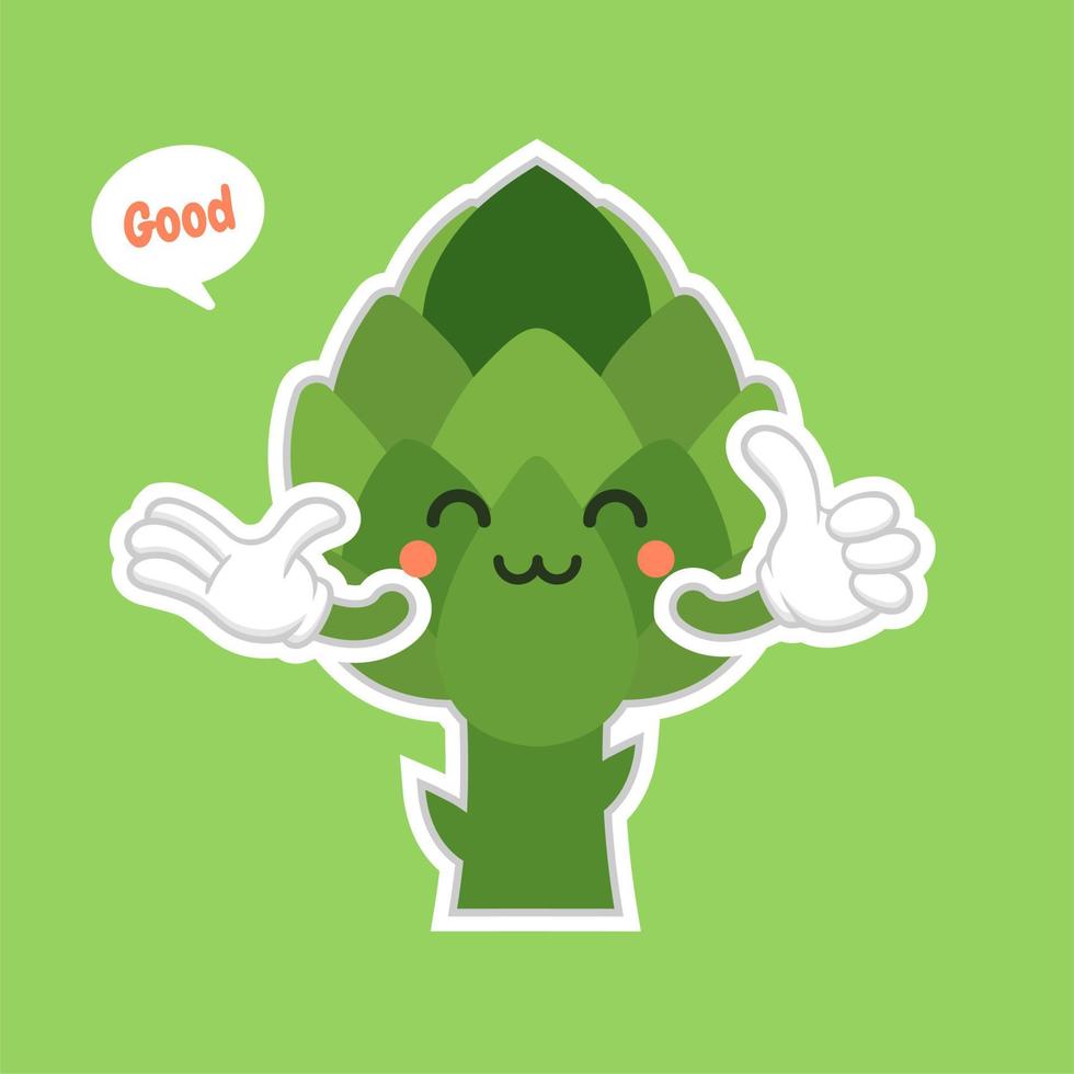 Ilustración de vector de emoji de personaje de comida vegetal de dibujos animados de alcachofa lindo y kawaii. alimentos saludables, nutrientes, dieta. vitaminas y minerales. Beneficios para la salud de los vegetales. personaje divertido