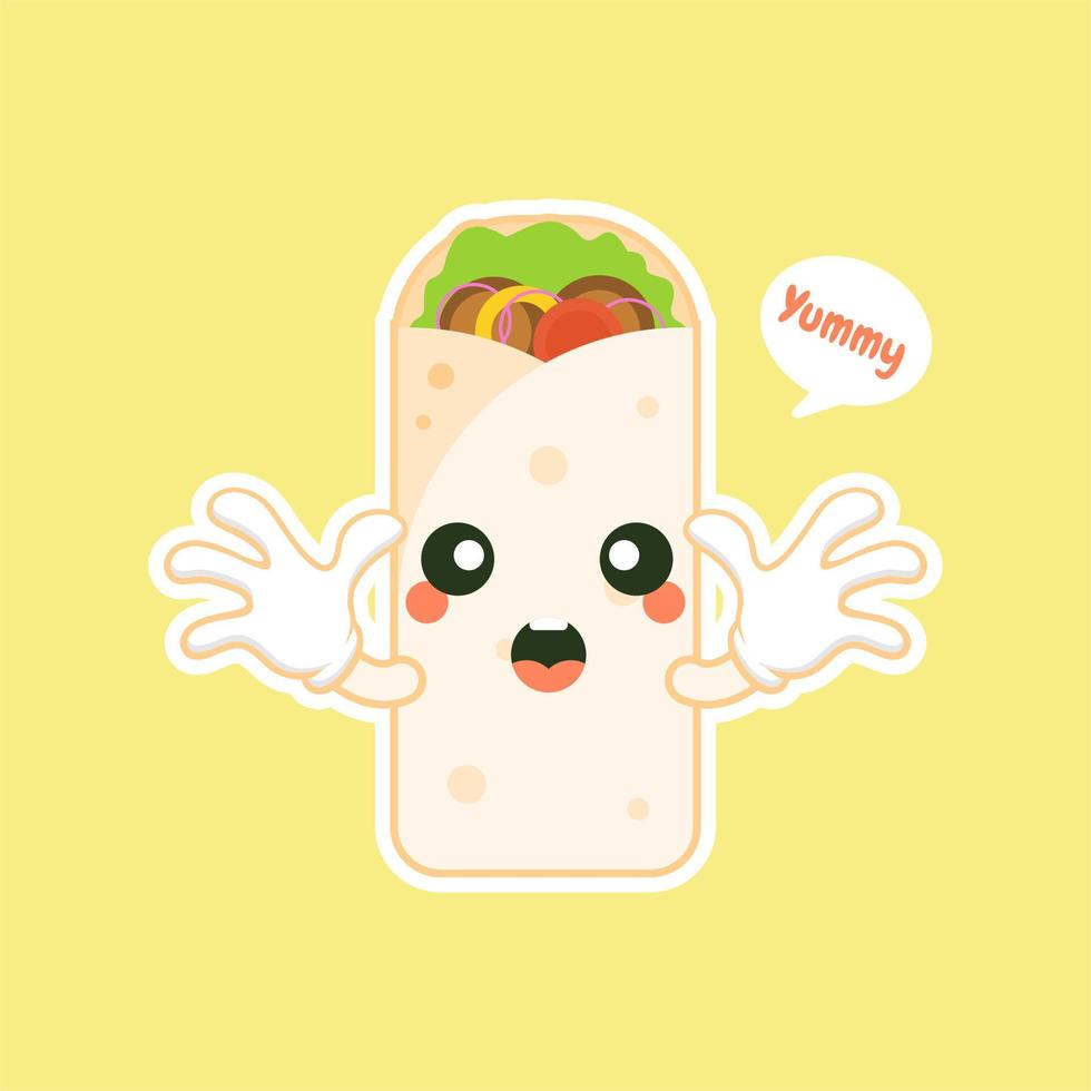 lindo y kawaii shawarma kebab personaje cómico de dibujos animados con cara sonriente sabrosa comida rápida envuelta. emoticonos kawaii. se puede usar en el menú del restaurante, comida saludable. ingrediente culinario. vector