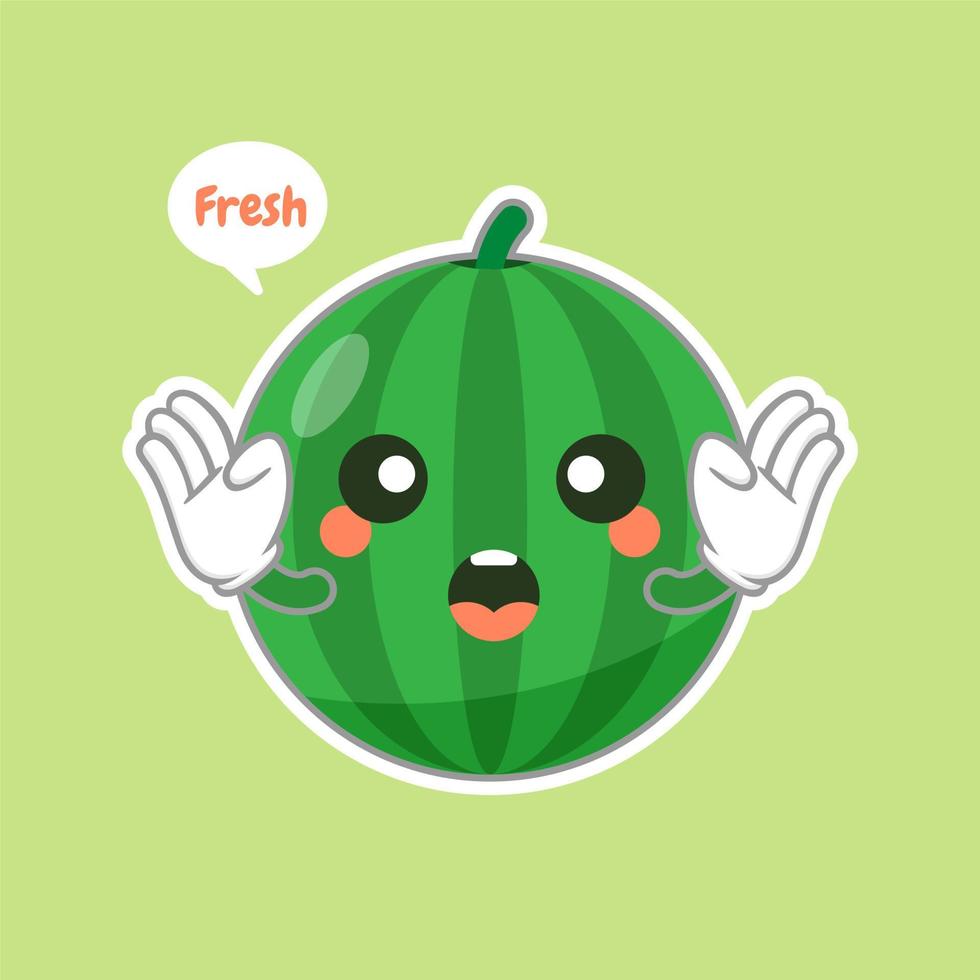 Emoticon de personaje de sandía lindo y kawaii. Fruta de verano. ilustración de emoji de personaje de sandía. Ilustración de vector de mascota divertida comida saludable en diseño plano.