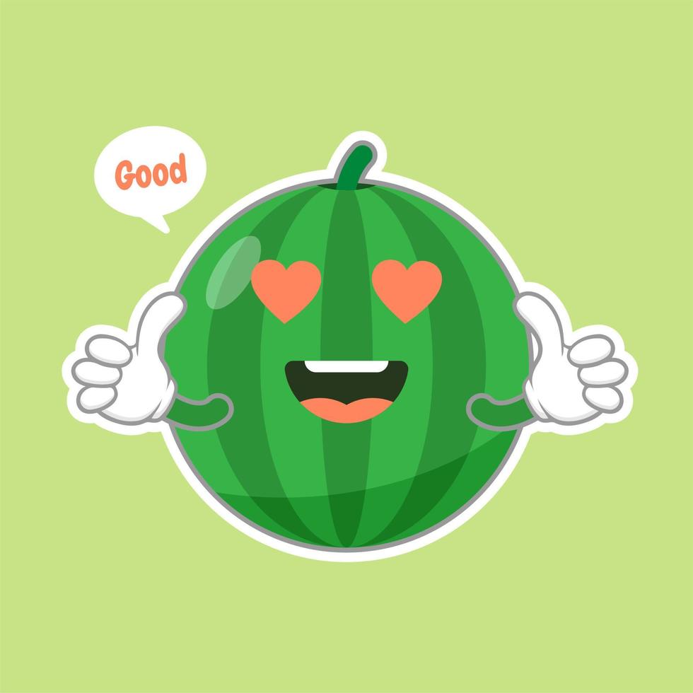 Emoticon de personaje de sandía lindo y kawaii. Fruta de verano. ilustración de emoji de personaje de sandía. Ilustración de vector de mascota divertida comida saludable en diseño plano.