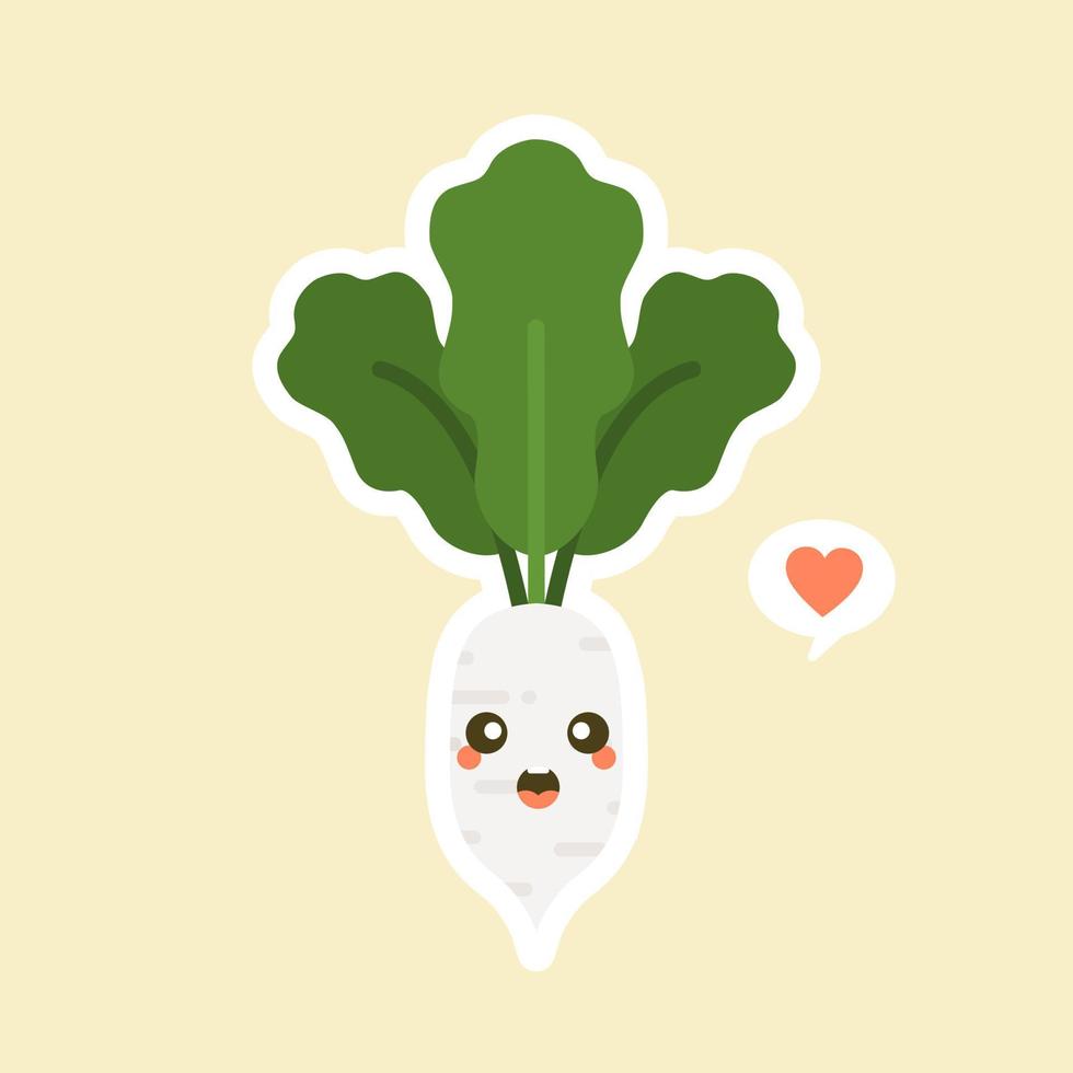 lindo y kawaii personaje de rábano blanco. ilustración de personaje vegetal orgánico feliz saludable vector