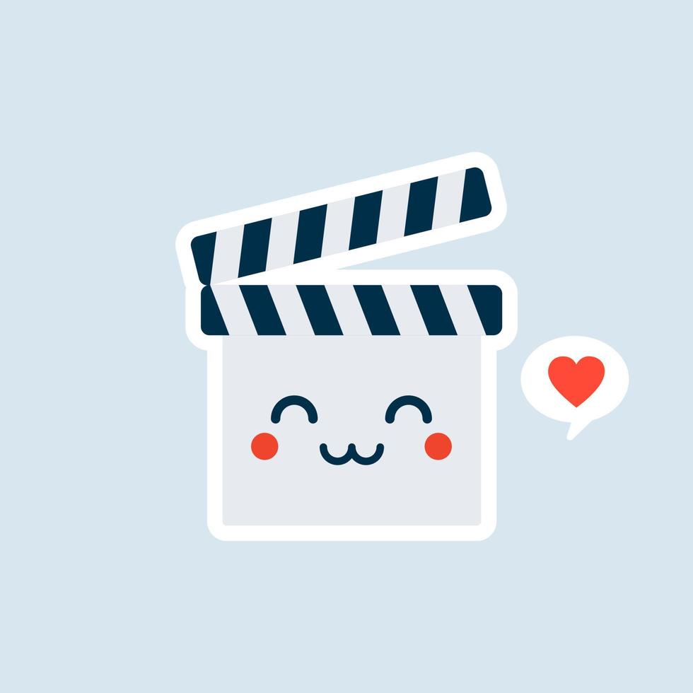 Ilustración de icono de vector de personaje de claqueta de dibujos animados lindo. mascota de claqueta kawaii, concepto de icono de película. estilo de caricatura plana adecuado para página de inicio web, banner, pegatina, fondo
