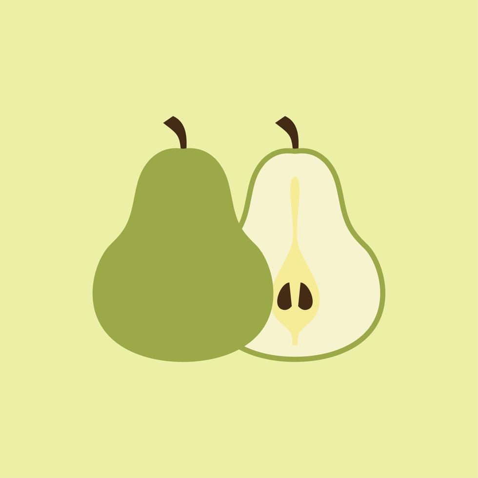 Half cut green pear with Green Leaves and pear Slice. Vector . Half pear. Sliced green fruit. Ingredient with vitamins. Vegan sweet food. Flat cartoon illustration