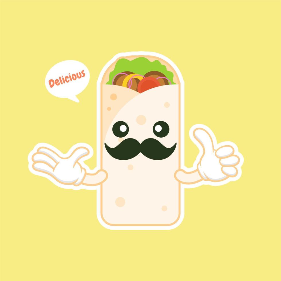 lindo y kawaii shawarma kebab personaje cómico de dibujos animados con cara sonriente sabrosa comida rápida envuelta. emoticonos kawaii. se puede usar en el menú del restaurante, comida saludable. ingrediente culinario. vector