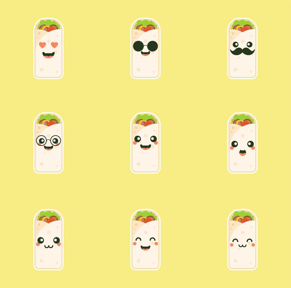 cute and kawaii shawarma kebab cartoon comic character with smiling face tasty wrapped fastfood. emoji kawaii. can be used in restaurant menu,Healthy food. Culinary ingredient. vector