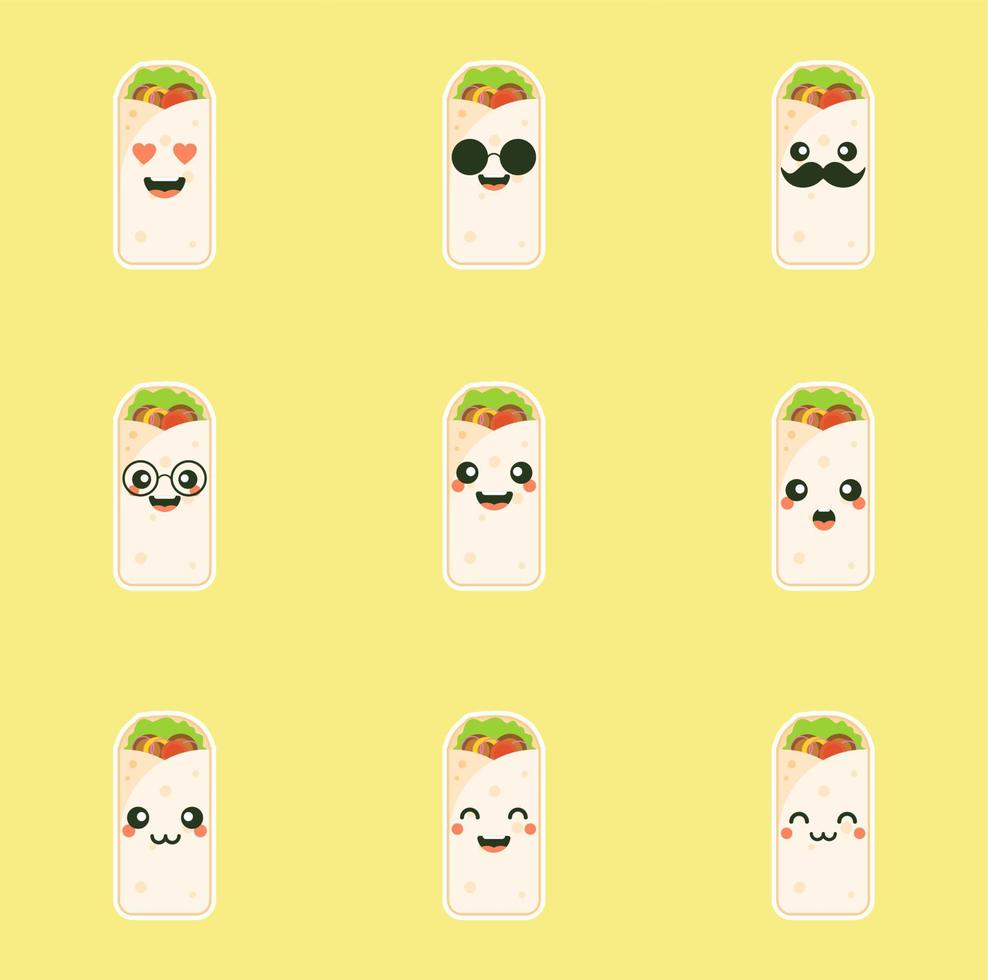 lindo y kawaii shawarma kebab personaje cómico de dibujos animados con cara sonriente sabrosa comida rápida envuelta. emoticonos kawaii. se puede usar en el menú del restaurante, comida saludable. ingrediente culinario. vector