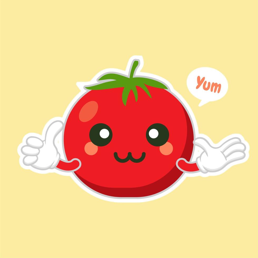 cute and kawaii tomato character flat design vector illustration. Happy vegetable vector illustration.. Green food, can be used in restaurant menu, cooking books and organic farm label