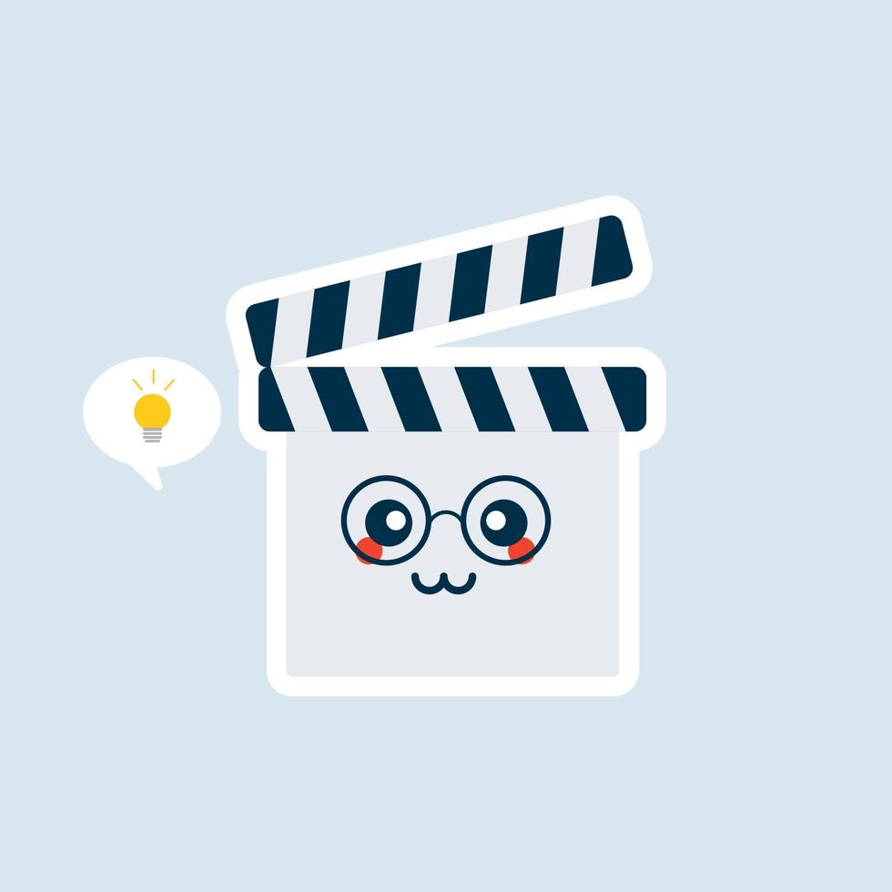 Cute Cartoon Clapperboard Character Vector Icon Illustration. Kawaii Clapperboard Mascot, Movie Icon Concept. Flat Cartoon Style Suitable for Web Landing Page, Banner, Sticker, Background