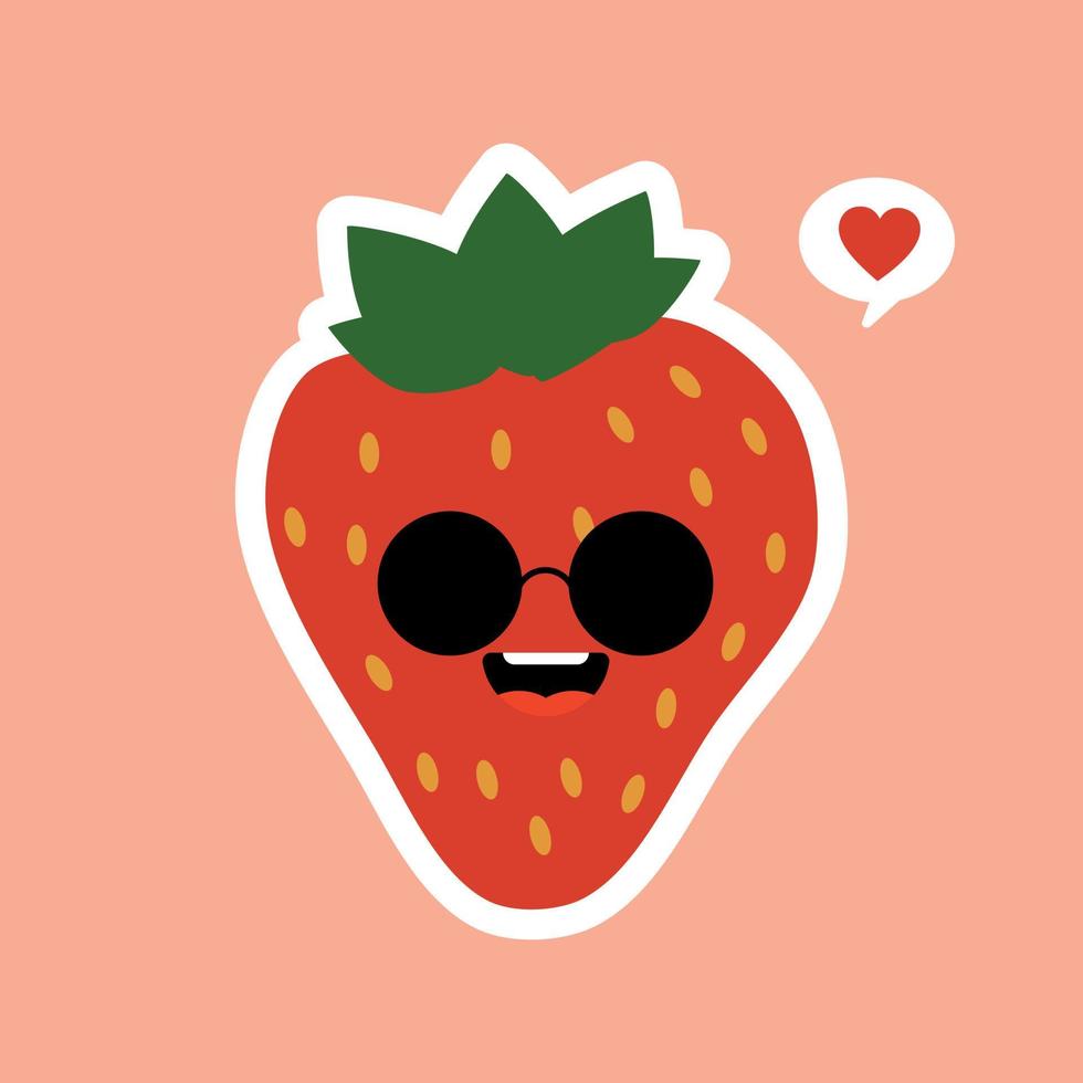 lindo personaje de dibujos animados de fresa de fruta aislado en la ilustración de vector de fondo de color. icono de cara de emoticono de fresa positivo y amigable divertido. kawaii sonrisa dibujos animados cara comida emoji, fruta cómica