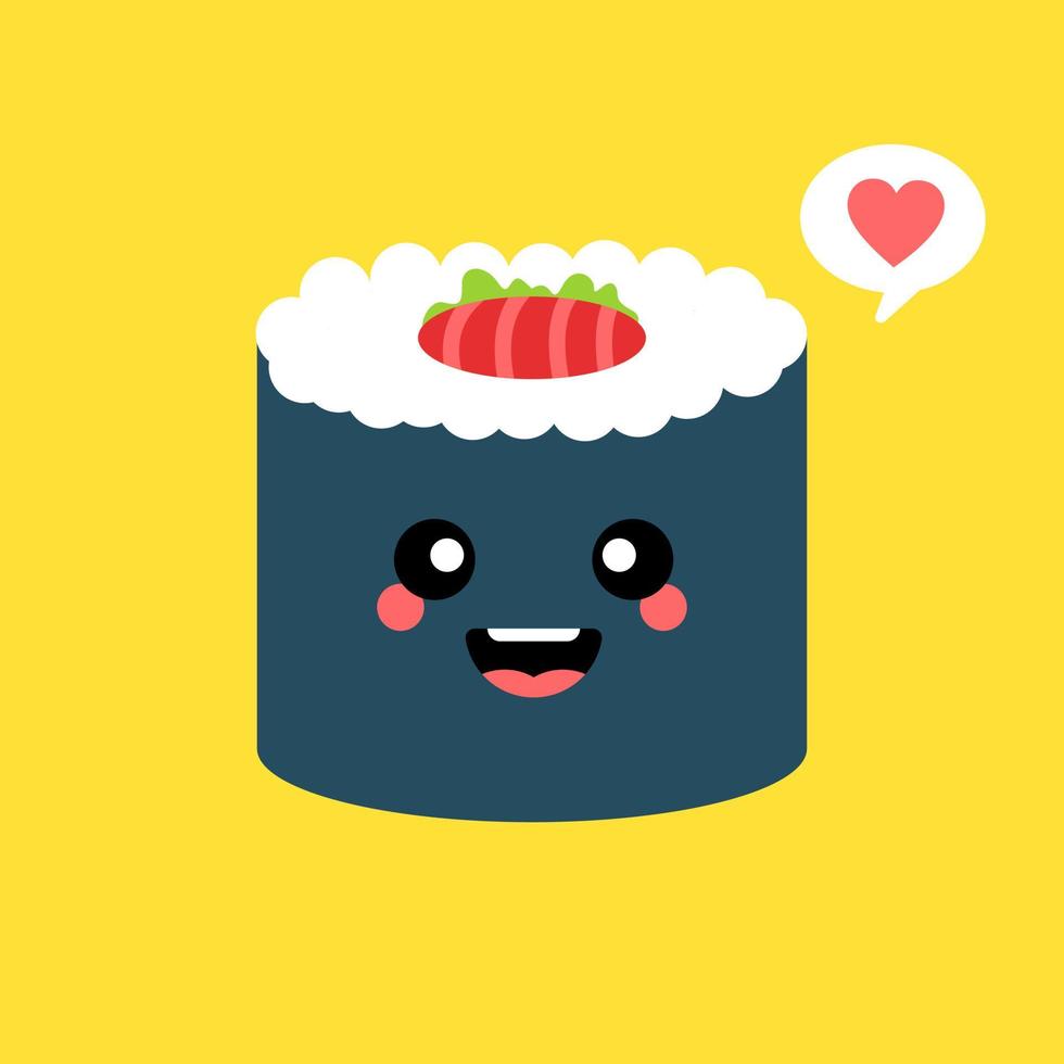 Cute and kawaii sushi roll character. Happy Sushi Roll Cartoon Mascot Character. Vector Illustration Flat Style Isolated On color background