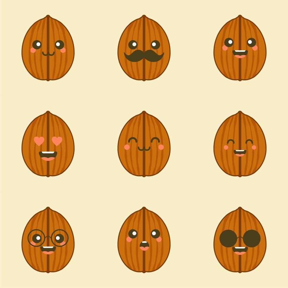 cute and kawaii walnut flat design vector illustration. walnut emoji, emoticon with many expression face