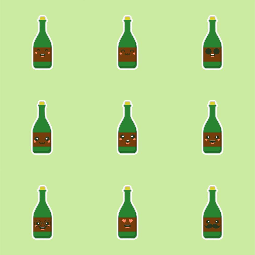 cute and kawaii wine bottles over green background, colorful design. flat design vector illustration. Cartoon kawaii Champagne with Smile and Smiling eyes. Cute Champagne bottle