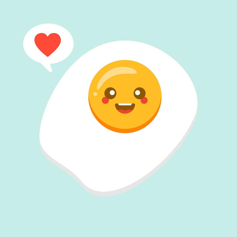 Cute fried egg cartoon character isolated on background vector illustration. Funny fast food menu emoticon face icon. Worried cartoon face food, comical scrambled egg animated mascot