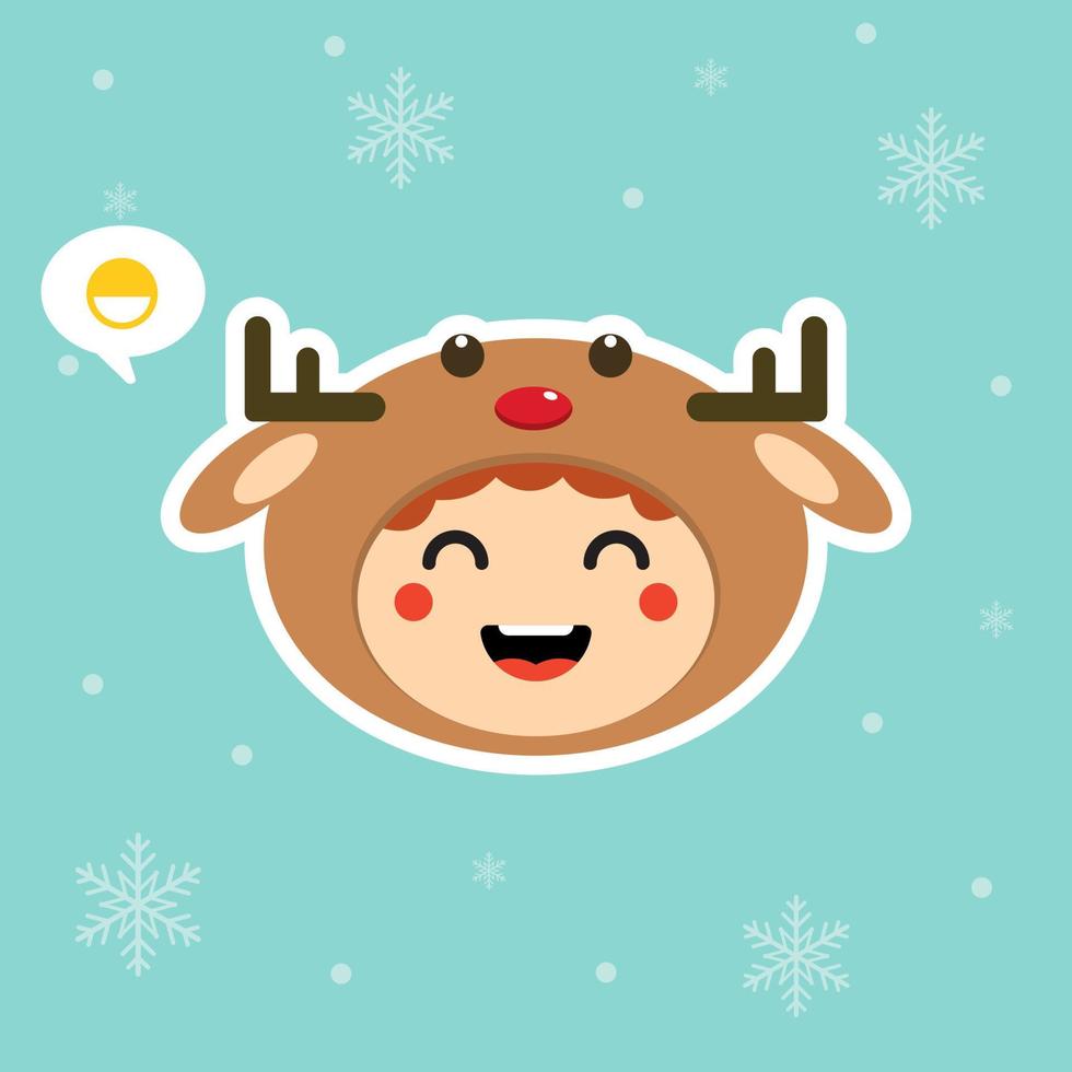 Kawaii and funny little boy dressed as deer. Cute kid in carnival costume. Merry Christmas and Happy New Year. Winter holiday. Flat vector design for greeting card, mascot, web