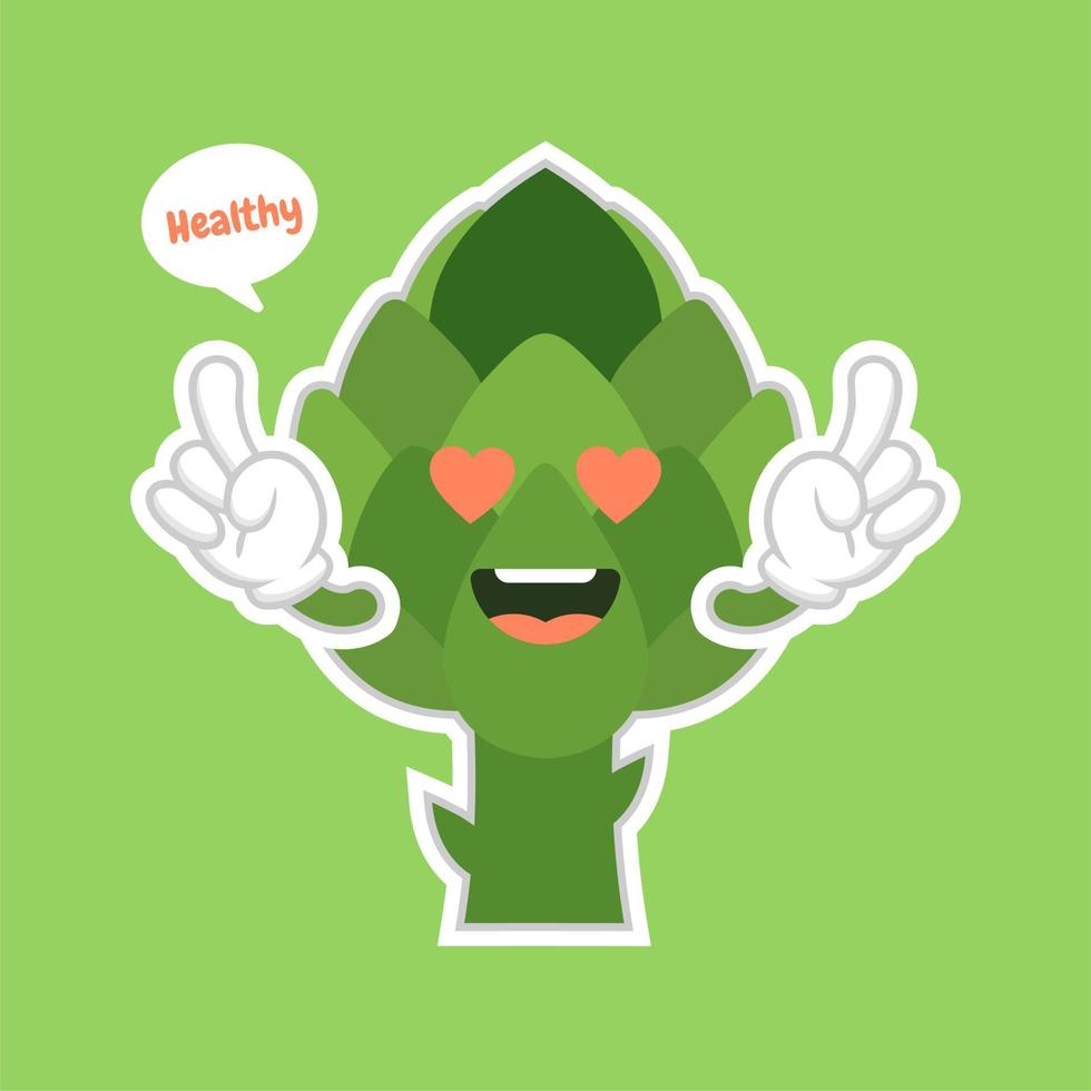 cute and kawaii artichoke Cartoon Vegetable Food Character Emoji Vector Illustration. healthy food, nutrients, diet. Vitamins and minerals. Health benefits of vegetable. Funny character.