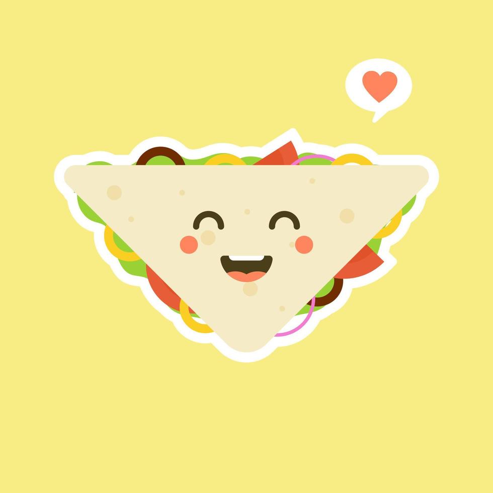 lindo y kawaii del personaje de pan de sándwich con verduras. desayuno. rebanada de sándwich de queso con tomate, lechuga y tocino, estilo de diseño plano de salchicha. sabrosa comida vegetariana apetitosa. vector