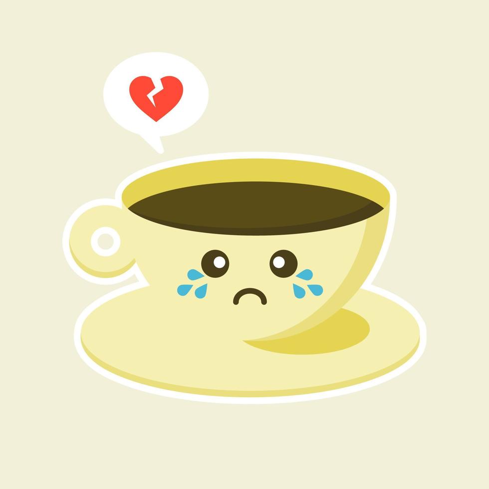 triste personaje de café en la ilustración de vector de estilo plano. personaje de dibujos animados de taza de café con expresión divertida