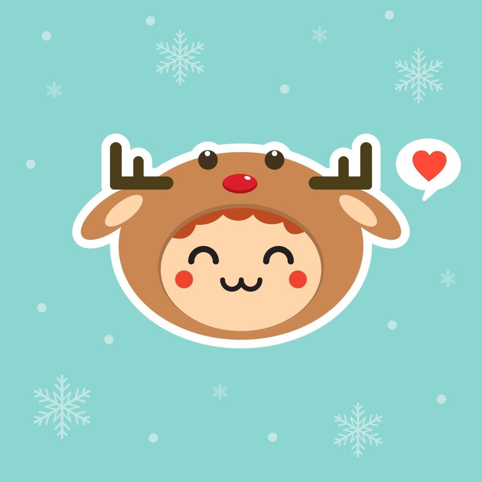 Kawaii and funny little boy dressed as deer. Cute kid in carnival costume. Merry Christmas and Happy New Year. Winter holiday. Flat vector design for greeting card, mascot, web