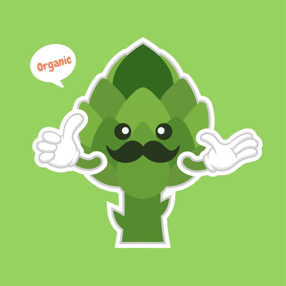 Ilustración de vector de emoji de personaje de comida vegetal de dibujos animados de alcachofa lindo y kawaii. alimentos saludables, nutrientes, dieta. vitaminas y minerales. Beneficios para la salud de los vegetales. personaje divertido
