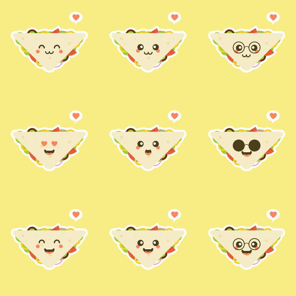 cute and kawaii of sandwich bread character with vegetables. breakfast. slice cheese sandwich with tomato, lettuce and bacon, sausage flat design style. tasty appetizing vegetarian food. vector