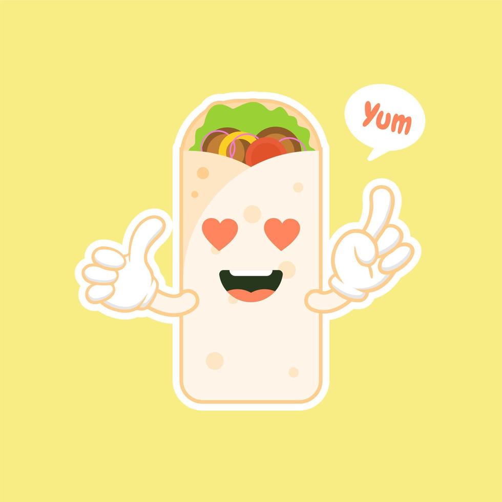 lindo y kawaii shawarma kebab personaje cómico de dibujos animados con cara sonriente sabrosa comida rápida envuelta. emoticonos kawaii. se puede usar en el menú del restaurante, comida saludable. ingrediente culinario. vector