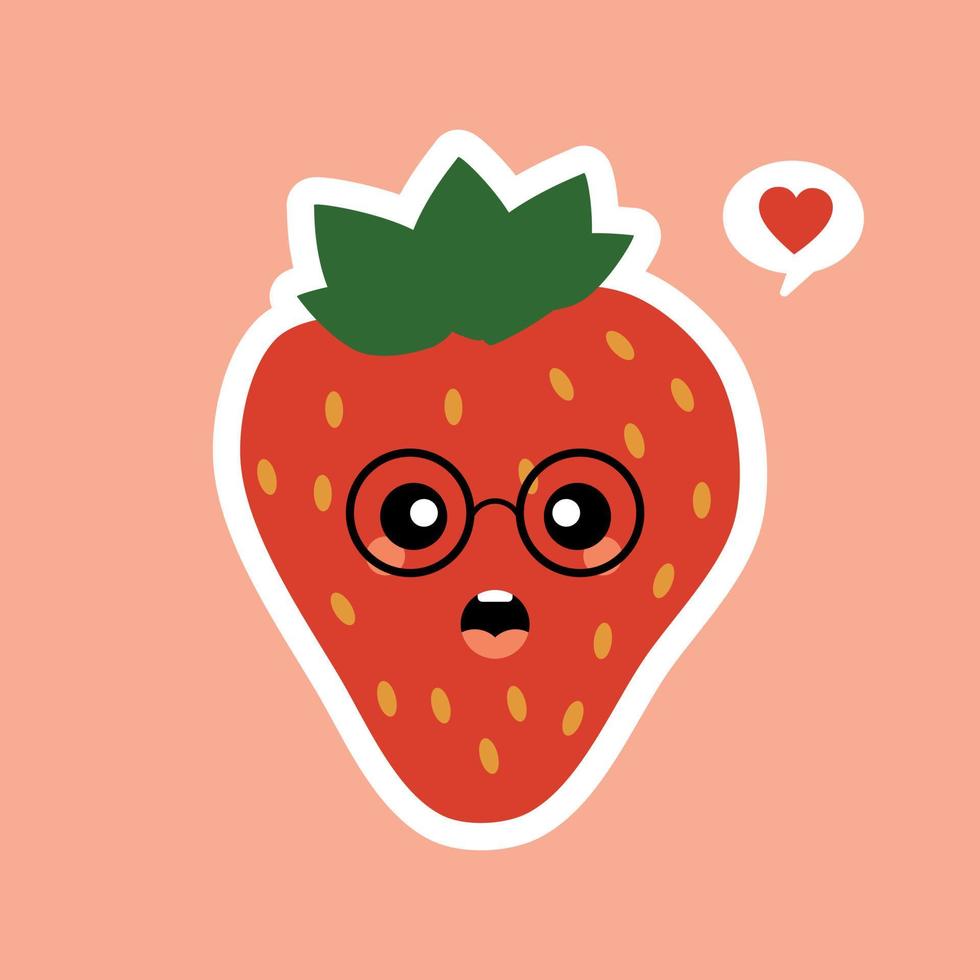 lindo personaje de dibujos animados de fresa de fruta aislado en la ilustración de vector de fondo de color. icono de cara de emoticono de fresa positivo y amigable divertido. kawaii sonrisa dibujos animados cara comida emoji, fruta cómica