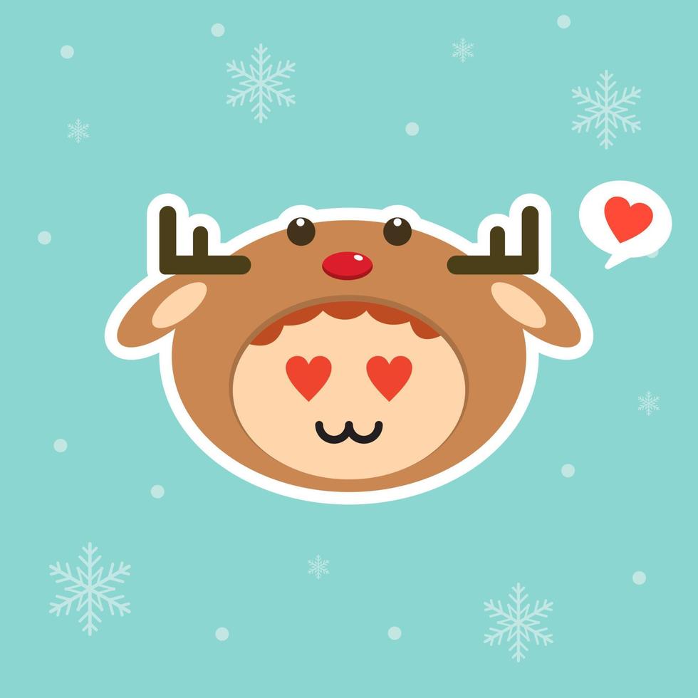 Kawaii and funny little boy dressed as deer. Cute kid in carnival costume. Merry Christmas and Happy New Year. Winter holiday. Flat vector design for greeting card, mascot, web