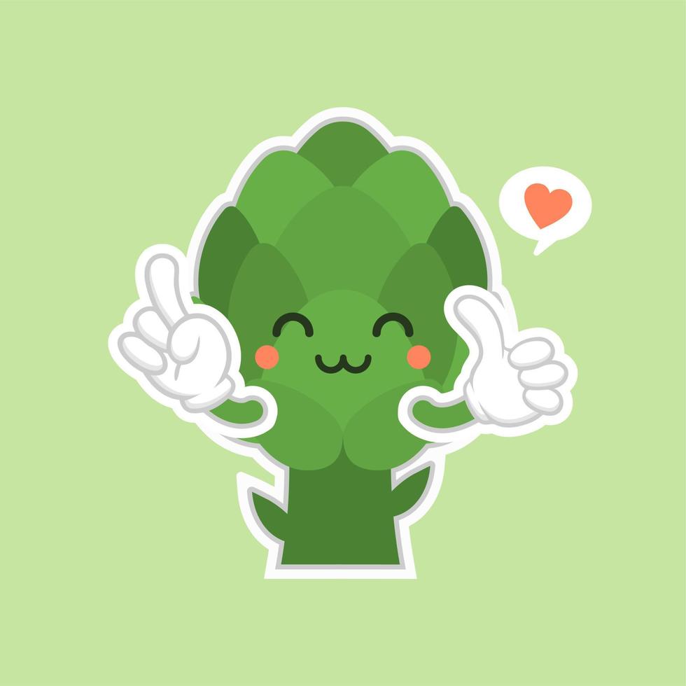 lindo y kawaii personaje de dibujos animados de alcachofa diseño plano, vitaminas, verduras, alimentos saludables, nutrientes, dieta. vitaminas y minerales. beneficios para la salud de la alcachofa. personaje divertido vector