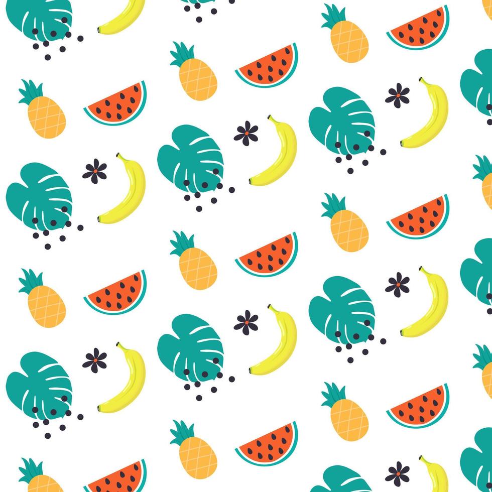 patrón de verano plátano, ananas, flores y hojas. vector