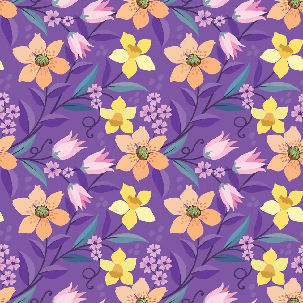 Colorful hand draw flowers on purple color background seamless pattern. vector