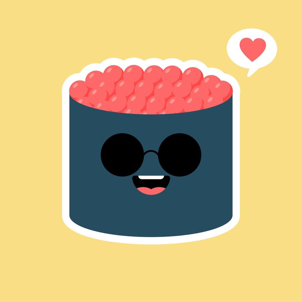 lindo rollo de sushi kawaii con caviar. comida tradicional japonesa. estilo manga de dibujos animados. divertido personaje de anime con cara feliz. diseño plano. ilustración vectorial de moda. plantilla de logotipo vector