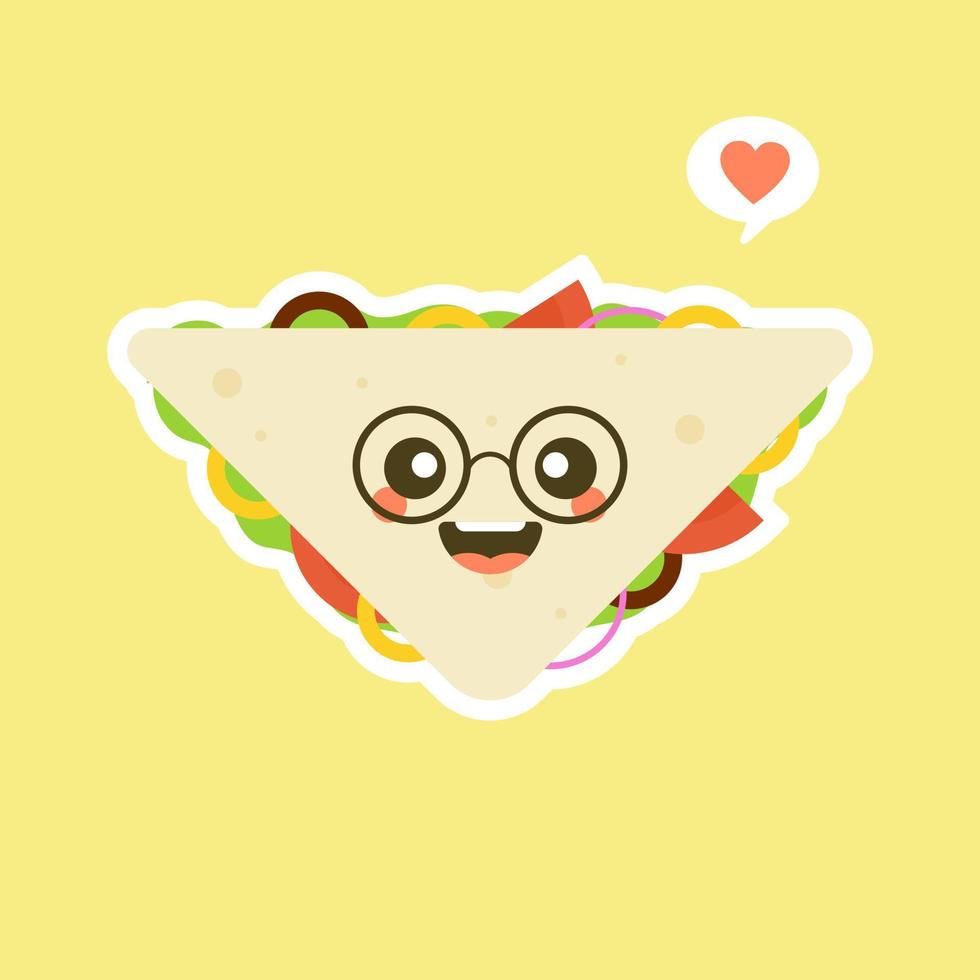 cute and kawaii of sandwich bread character with vegetables. breakfast. slice cheese sandwich with tomato, lettuce and bacon, sausage flat design style. tasty appetizing vegetarian food. vector