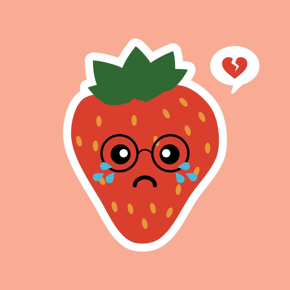 Cute fruit strawberry cartoon character isolated on color background vector illustration. Funny positive and friendly strawberry emoticon face icon. kawaii smile cartoon face food emoji, comical fruit