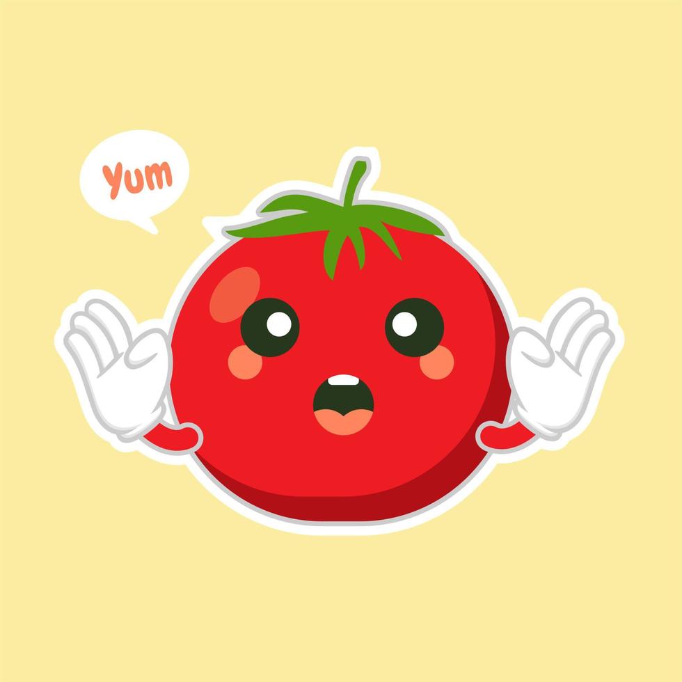 Ilustración de vector de diseño plano de personaje de tomate lindo y kawaii. ilustración de vector vegetal feliz... comida verde, se puede utilizar en el menú del restaurante, libros de cocina y etiqueta de granja orgánica