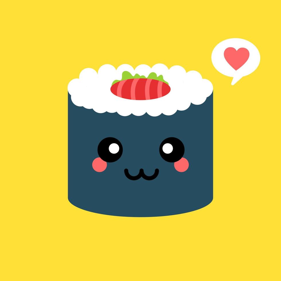 lindo y kawaii personaje de rollo de sushi. personaje de mascota de dibujos animados de rollo de sushi feliz. estilo plano de ilustración vectorial aislado sobre fondo de color vector