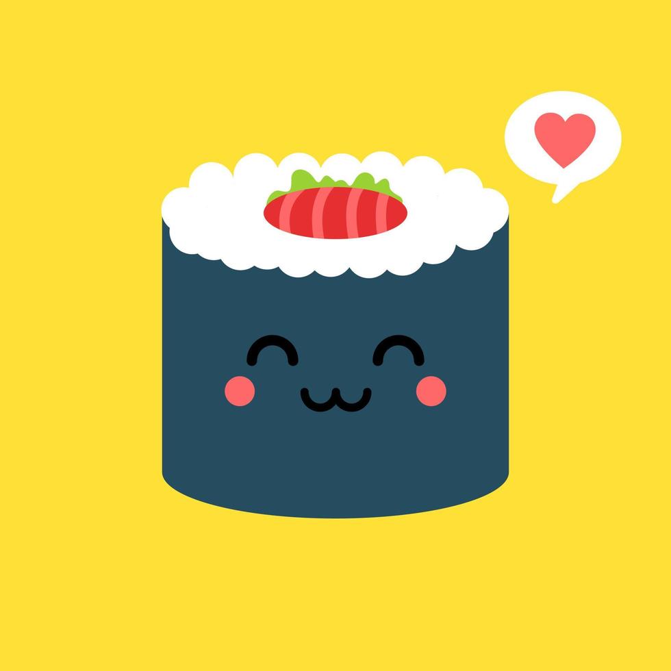 lindo y kawaii personaje de rollo de sushi. personaje de mascota de dibujos animados de rollo de sushi feliz. estilo plano de ilustración vectorial aislado sobre fondo de color vector