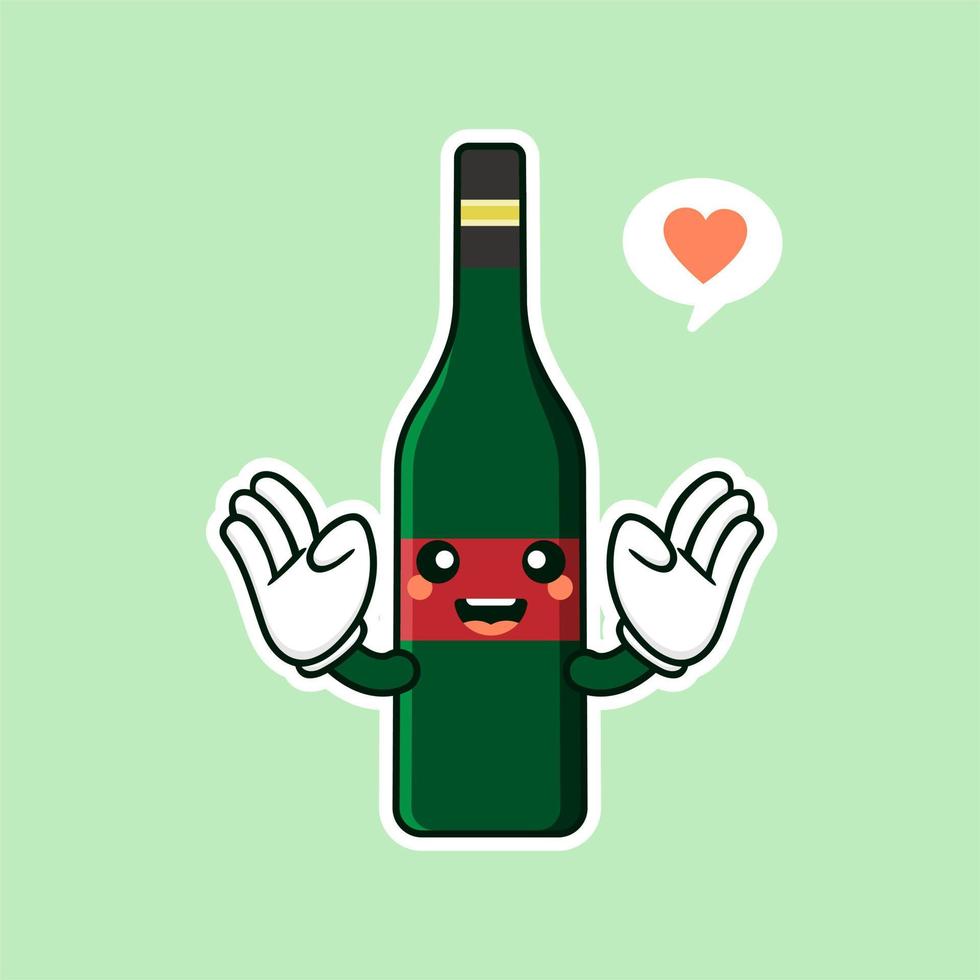 Ilustración de vector de estilo plano de personaje de dibujos animados de botella de vino lindo y kawaii. plantilla de diseño de personaje de botella de vino de vidrio sonriente funky para carta de vinos o mapa de vinos