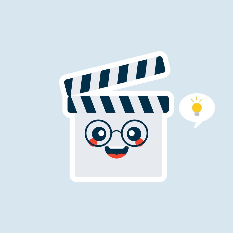 Cute Cartoon Clapperboard Character Vector Icon Illustration. Kawaii Clapperboard Mascot, Movie Icon Concept. Flat Cartoon Style Suitable for Web Landing Page, Banner, Sticker, Background