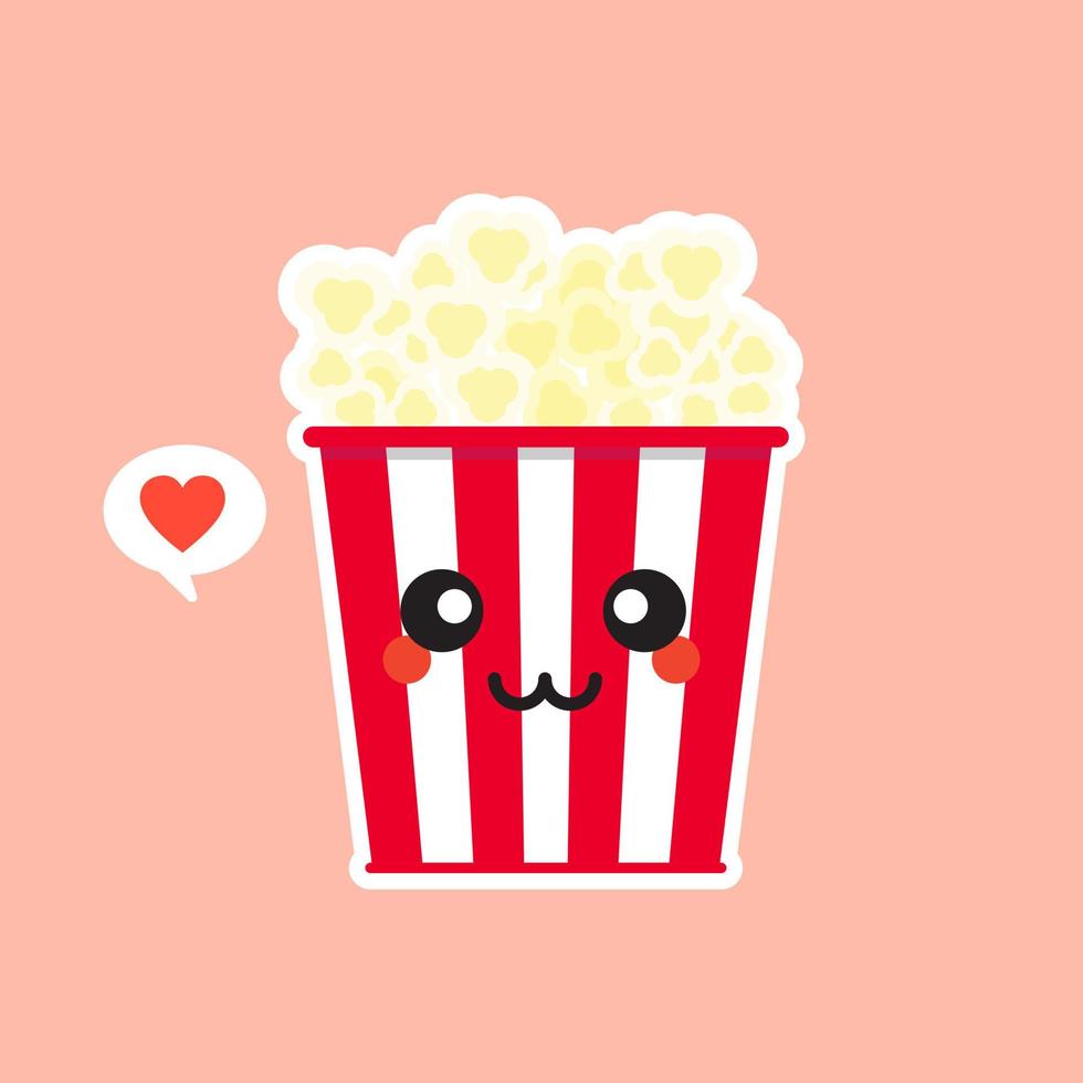 Cute and Kawaii Pop Corn Popcorn in Red Bucket Box Cinema Snack Vector Illustration Cartoon Character Icon in flat design.