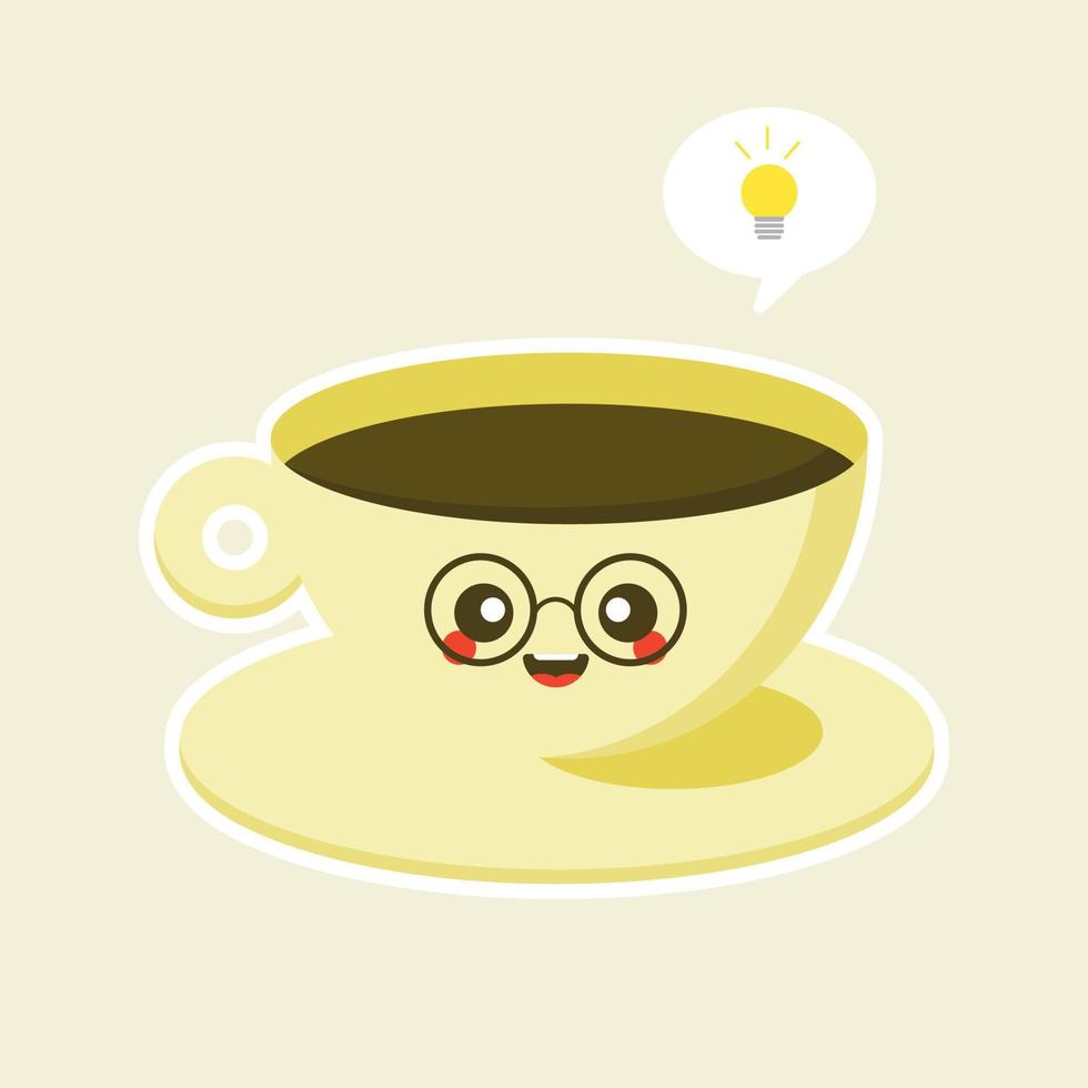 personaje de café feliz en la ilustración de vector de estilo plano. personaje de dibujos animados de taza de café con expresión divertida