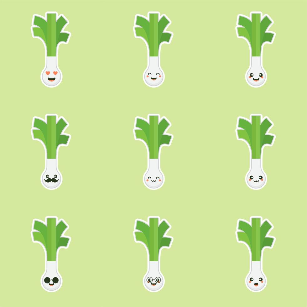 personaje de dibujos animados de cebollín lindo y kawaii. carácter de cebolletas. vector de cebolletas. cebolletas sobre fondo de color. ilustración de dibujos animados de verduras de puerro sonriente