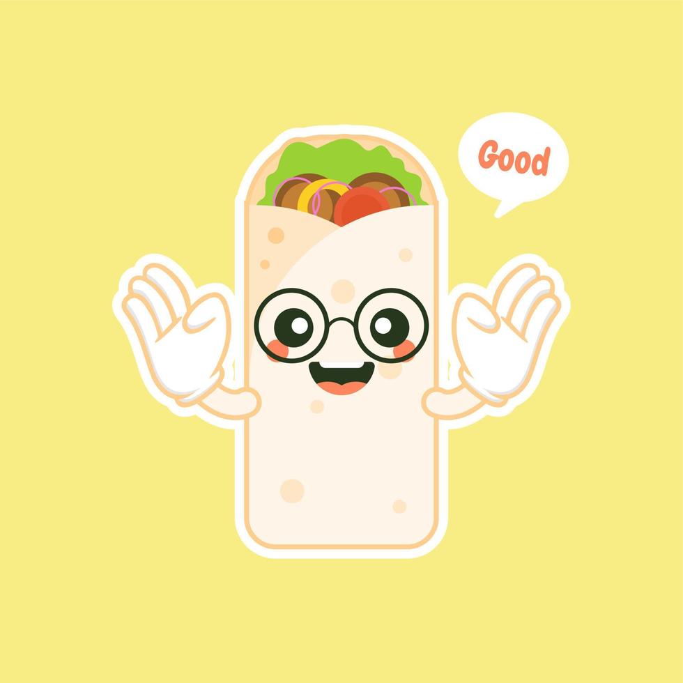 lindo y kawaii shawarma kebab personaje cómico de dibujos animados con cara sonriente sabrosa comida rápida envuelta. emoticonos kawaii. se puede usar en el menú del restaurante, comida saludable. ingrediente culinario. vector