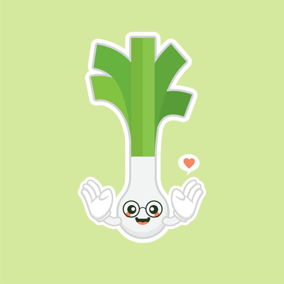 personaje de dibujos animados de cebollín lindo y kawaii. carácter de cebolletas. vector de cebolletas. cebolletas sobre fondo de color. ilustración de dibujos animados de verduras de puerro sonriente