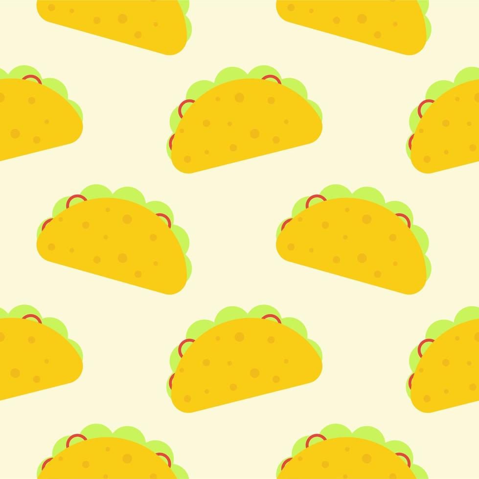 taco flat design seamless pattern. Vector illustration of art. Vintage background. Kitchen and restaurant design for fabrics, paper. Traditional Mexican food background. Tomato and fresh meat.