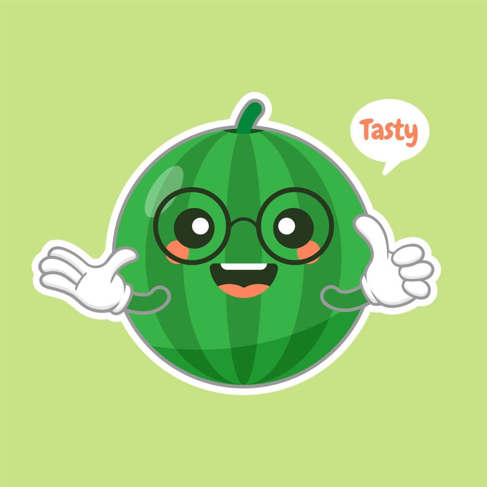 Emoticon de personaje de sandía lindo y kawaii. Fruta de verano. ilustración de emoji de personaje de sandía. Ilustración de vector de mascota divertida comida saludable en diseño plano.