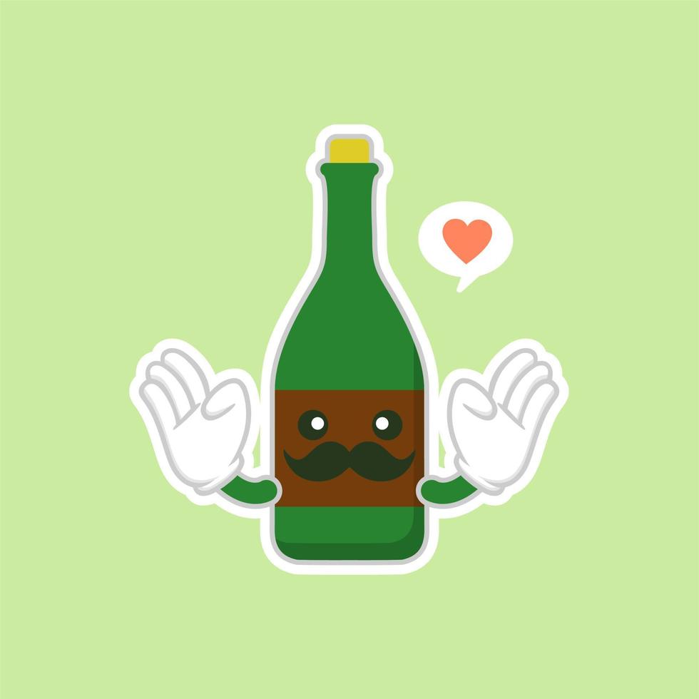cute and kawaii wine bottles over green background, colorful design. flat design vector illustration. Cartoon kawaii Champagne with Smile and Smiling eyes. Cute Champagne bottle