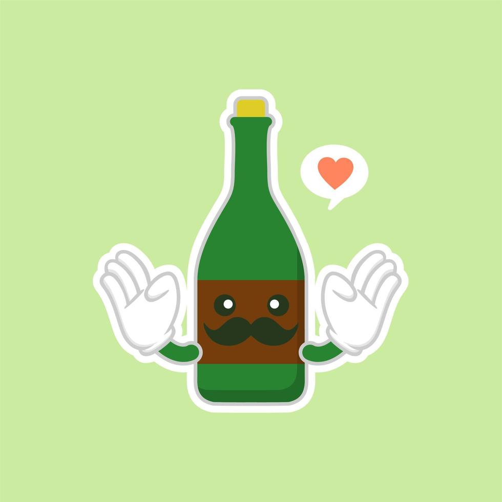 Botellas de vino lindas y kawaii sobre fondo verde, diseño colorido. ilustración vectorial de diseño plano. champán kawaii de dibujos animados con sonrisa y ojos sonrientes. linda botella de champán vector